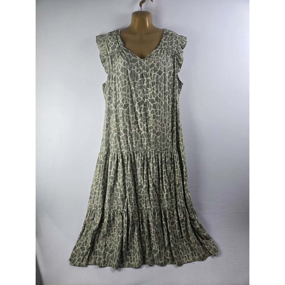 Simply Vera Vera Wang Maxi Dress XL Olive Green Abstract Tiered Ruffle Dress